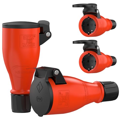RedStar24 Schuko Kupplung 230V IP54 4er Set Robuste Steckdosen 3-Polig Gummi & Kunststoff Schwarz Rot | Automatische Federabdeckung Einhandbedienung | Ideal Outdoor Anwendungen