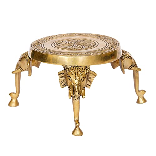 Image of eCraftIndia Golden Brass Chowki with Elephant Design Legs | Decorative Traditional Chowki for Idols & Rituals, Home Temple Gift Housewarming Birthday