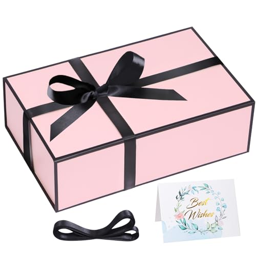Gift Box with Lids Magnetic Closure for Presents, 9.5x6x3'' Pink Gift Box for Women Girl Her, Cut Box for Bridesmaid Gifts, Christmas, Mother's Day, Halloween, Birthday Wedding Gift box, Keepsake boxes for memories, Wine Gift Boxs with Card, Ribbon