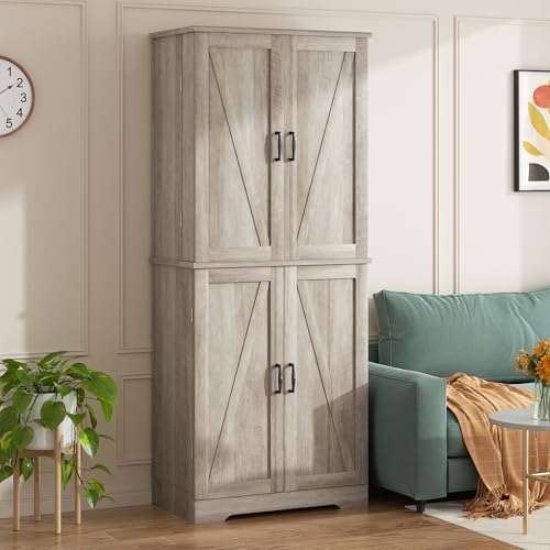 Image of Shintenchi Kitchen Pantry Cabinet, Freestanding Farmhouse Storage Cabinet with 8 Door Shelves, 2 Cabinets and 1 Drawer, Tall Cupboard for Kitchen, Living Room, Dining Room and Bathroom, Ash Gray