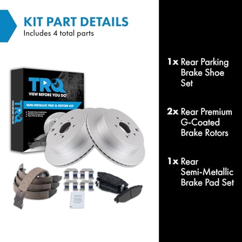 Image of TRQ Rear Brake Pad and Rotor Set Semi Metallic G Coated Rotors Parking Brake Shoe Compatible with 2013-2014 Subaru Legacy 3.6R Limited 3.6R