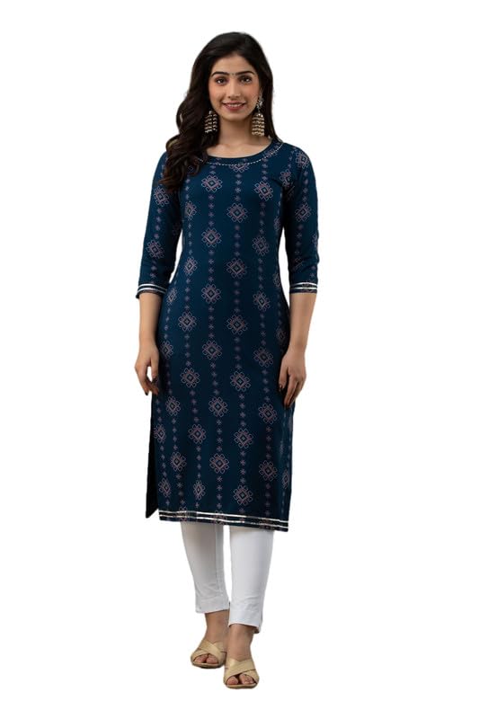 Lee Round Neck Dark Blue Straight Fit Geometric Print Kurti for Women in blue