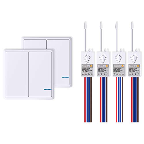 Funkschalter Set mit Fernbedienung, Kabelloser Lichtschalter Wasserdicht Wireless Schalter für In-/Außen Lampe 1000W Installierbar/Tragbar Funktaster 600.000 Mal Verwendbar-2 Taste Cover
