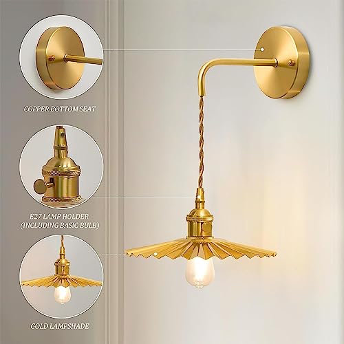 Shenmoyl Vintage 1-Light Wall Sconces Gold Pleated Shade Brass Cap Adjustable Chain Retro Gold Wall Mounted Light, Wall Lamp Fixtures Decor For Bedside Bedroom Indoor Doorway #TOP2