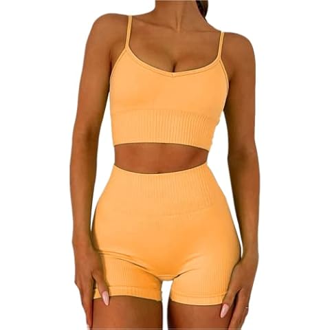 Womens Seamless Workout Sets 2 Piece High Waist Running Biker Shorts Gym Yoga Sport Bra Bra Athletic Clothing Sets, Yellow 02, Medium Cover