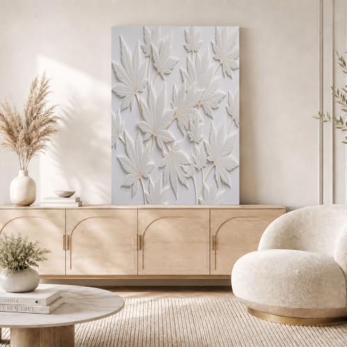 Lienzo de plantas en relieve minimalista 3D que aporta amplitud y calidez al dormitorio