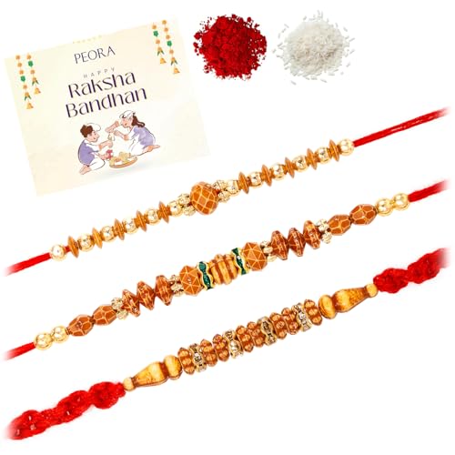 Image of Peora CZ Pearl & Crystals Studded Thread Rakhi for Brother Bhaiya | Combo Set of 3 | Raksha Bandhan Hamper with Roli Chawal & Greeting Card