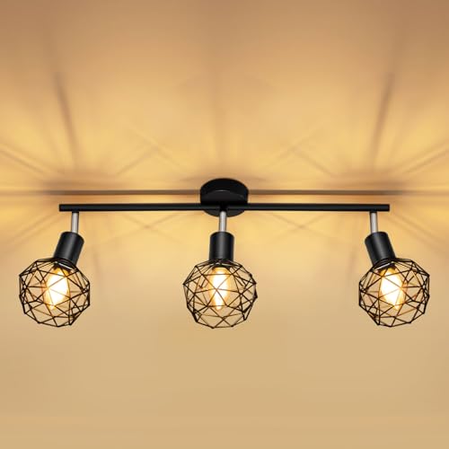 Aulaiyi Focos para el techo 3 Focos, Lámpara Techo Led Interior Techo Base E14, Apliques Techo Focos con Base Redondo, 350° Giratorios Plafón Foco de Techo LED, Negro (Sin Bombillas)