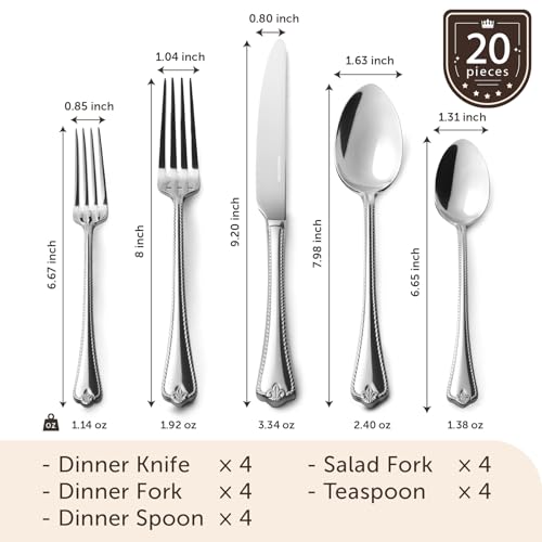 KINGSTONE-Silverware-Set-20-piece-1810-Stainless-Steel-Flatware-Set-Cutlery-Set-for-4-for-Kitchen-Home-Wedding-Party-Mirror-Polished-and-Dishwasher-Safe-Featured-Gifts