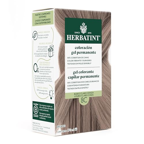 Herbatint Coloração para cabelo em gel 8C loiro claro cinza, 170 ml, sem amoníaco, cobertura ideal de canas, com 8 extratos orgânicos, ideal para peles sensíveis
