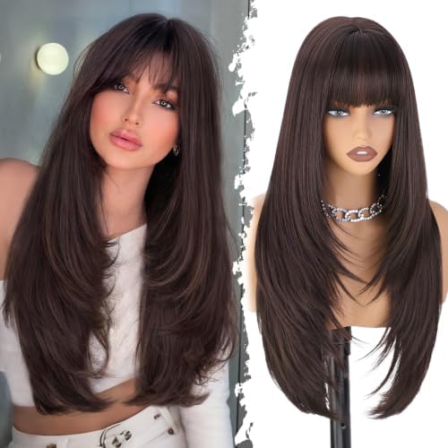 XIXIBI Brown Wig with Bangs for Women,Long Straight Layer Hair