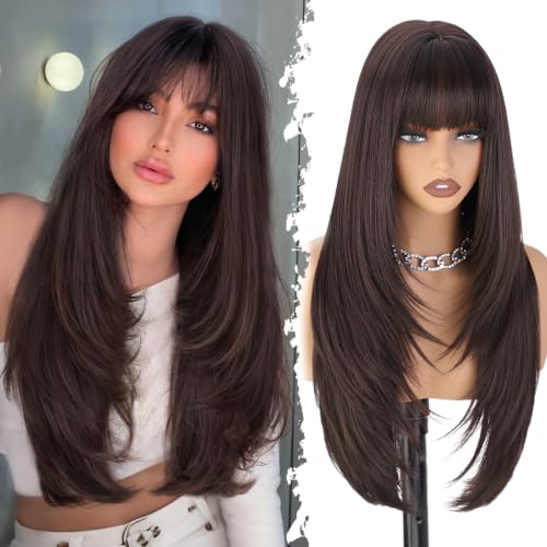 XIXIBI Brown Wig with Bangs for Women,Long Straight Layer Hair