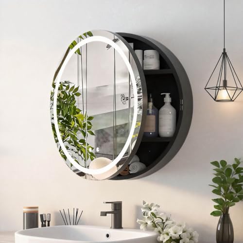Badezimmerschrank mit Licht,Spiegelschrank rund montagefrei mit Beleuchtung,LED-Spigelschrankschrank,Runder Schwarzer Metallrahmen,Spiegelschrank für Badezimmer,3 Lichtfarben, Antibeschlag,60x60cm