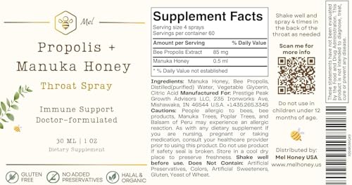 Image of Propolis Throat Spray with Manuka Honey & Bee Propolis By Mel Honey, Soothing Throat Comfort, Immune Support, Gluten-Free, Alcohol-Free, Non-GMO, Keto, 1.01 fl oz (2 Pack)