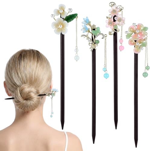 4pcs Chinese Hair Sticks with Floral Design Wooden Hairpin Vintage Tassel Hair Chopsticks Accessories for Women Wedding Party