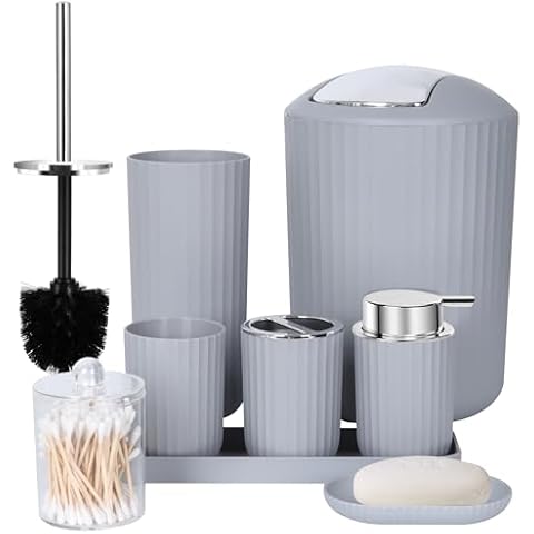 FEILANDUO Bathroom Accessories Sets Complete, 8 Pcs Bathroom Accessory Set with Trash Can, Soap Dispenser, Soap Dish, Toothbrush Holder,Toothbrush Cup,Toilet Brush and Qtip Holders,Vanity Tray (Gray) Cover
