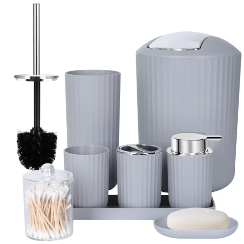 FEILANDUO Badezimmerzubehör-Set komplett, 8-teiliges Badezimmer-Zubehör-Set mit Mülleimer, Seifenspender, Seifenschale, Zahnbürstenhalter, Zahnbürstenbecher, WC-Bürste und Qtip-Halter, Schminktisch