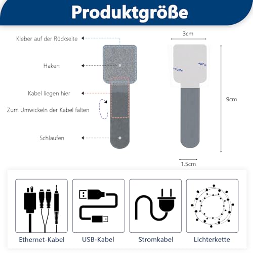 Abnii 50 Stück Kabelmanagement Schreibtisch, Kabelbinder Selbstklebend Klettband Kabel Organizer Schreibtisch Kabelhalter Kabelklemmen Kabelclips Kabelbefestigung für TV, Lichterkette, Grey, Small