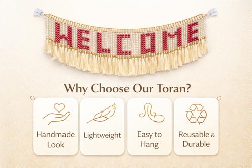 Image of Welcome Pearl Letter Door Toran | 3 Ft Decorative Bandhanwar with Tassels for Main Door, Mandir & Wedding Decor | Festive Home Entrance Hanging