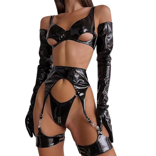 LKRSEEF Ouverte Lingerie Femme Latex Guepiere BDSM Combinaison Chaude Coquine Hot Cosplay Body Sexy SM Catsui Érotique Robe Cuir Club Libertin String Hard Jupe