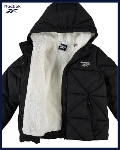 Image of Reebok Girls Heavyweight Quilted Cropped Puffer Parka with Sherpa Lining | Plush Faux-Fur Trim, Wind-Blocking Hood, Deep Pockets for Warm Hands, Modern Silhouette for School and Cold Days