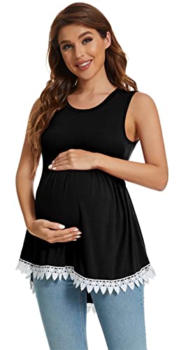 Xpenyo Womens Maternity Tank Top Sleeveless Lace Crochet Trim Peplum Cami Shirts Black Xl #TOP6