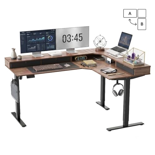 Image of CubiCubi 63x48 Inches L Shaped Standing Desk with 3 Drawers and Monitor Shelf, Height Adjustable Corner Computer Desk with Hooks, Sit Stand Up Ergonomic Home Office Workstation Table, Deep Walnut
