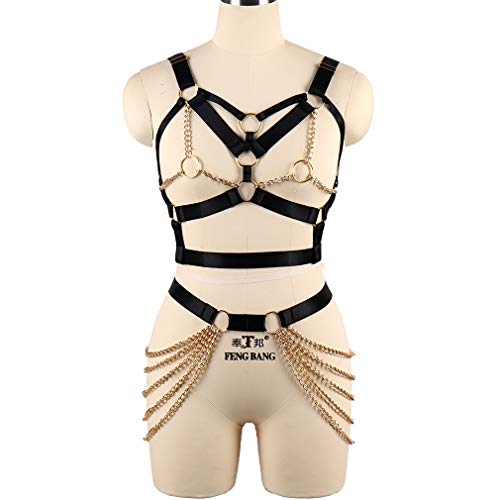Women's Punk Body Harness Lingerie Full Waist Garter Belts Set Strappy Frame Cage Rave bras (Black Gold 65+52) - Image 3