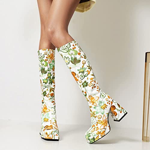 So Simpok Women Flower Knee High Boots Chunky Heel Square Toe Goth Platform Boots Combat Riding Boots Gogo Boots #TOP3