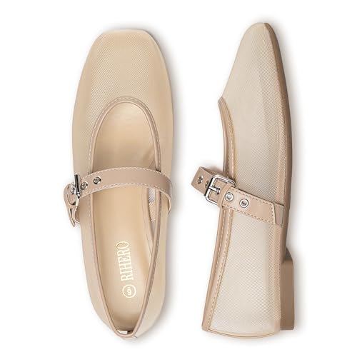 Image of Rihero Mesh Ballet Flats for Women Square Toe Mary Jane Flats Comfortable Casual Ballerina Shoes