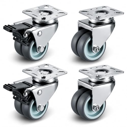 4 Ruedas Dobles para Muebles, 50 MM, 2 con Freno y 2 sin Freno, Carga hasta 400 Kg, Ruedas de Transporte, Ruedas Giratorias en 360°, sin Ruido, Gris