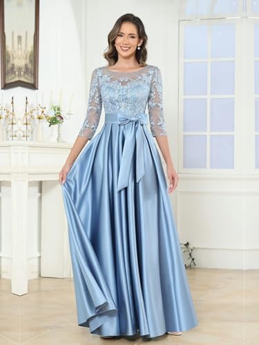 BANTRATIC Women's Floor Length Mother of The Bride Dress for Wedding Satin Lace Formal Evening Prom Gowns with Pockets Belt2