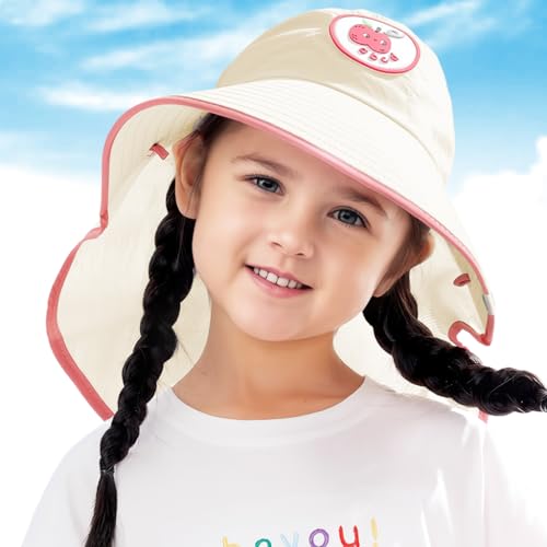 Image of SNOWIE SOFT Wide Brim Sun Hat for Kids Girls with Neck Flap Shawl, UPF 50+ Adjustable Chin Strap Sun Protection Hat for Girls 2-10 Years Old, Summer Breathable Sun Visor Hat Windproof Beach Hat