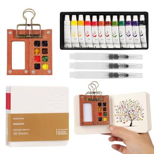 Mini Aquarell Travel Set Skizzenbuch Palette Set 8 Grids Tragbares Holz Malpalette Malkasten Skizzenbuch Palette für Künstler Studenten mit Aquarellpapier Journal Aquarellpinsel Stiftel Clip