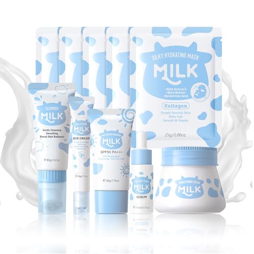 Fashion Base Milk Skin Care Sets&Kits,Beauty Gift Sets for Teenage Girls,Skincare Set-Cleanser,Eye Cream,Moisturizer, Sunscreen,Hand Wax,Cream,Facial Kits for Women,Deep Hydrating (One Size, Milk StyleA) 7-piece