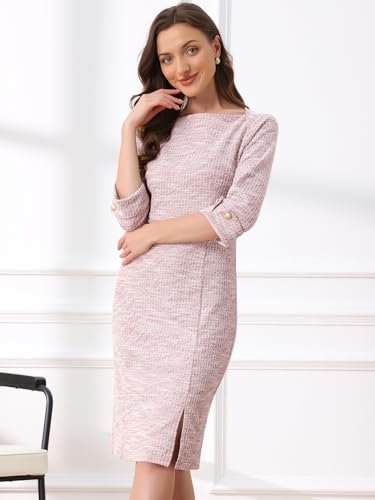 Allegra K Tweed Dress for Women's Fall Elegant Boat Neck 3/4 Sleeve 2025 Work Dress4