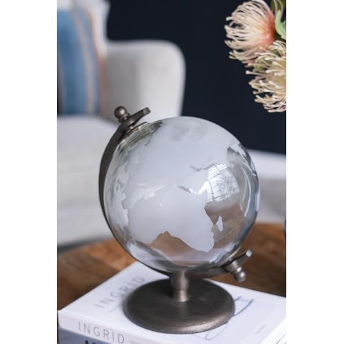 ORYNTIDE Minimalist World Globe - Clear Glass with Etched Continents on Black Metal Base, Modern Home Decor for Living Room, Office, or Desk Display, Elegant Travel Gift for Globetrotters - D8 x 11.5