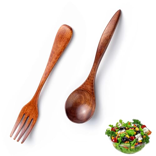 VireEyU Posate da insalata in legno, set di 2 pezzi, stoviglie rustiche con forchetta e cucchiaio per insalata, utensili da cucina per insalate, Aspetto naturale del legno per la cucina (17,5 cm)