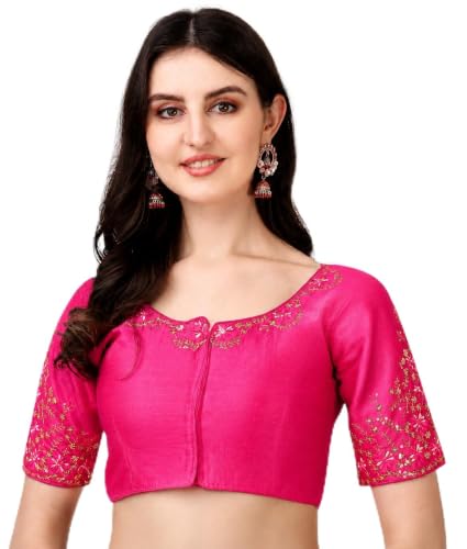 Image of Pujia Mills Women's Silk Embroidery Sequence Work Half Sleeve Readymade Blouse
