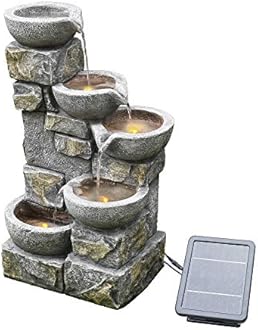 Teamson Home Solar Powered Water Feature, Indoor or Outdoor Garden Water Fountain, Indoor Waterfall with Battery Back Up and LED Lights, 4 Tier