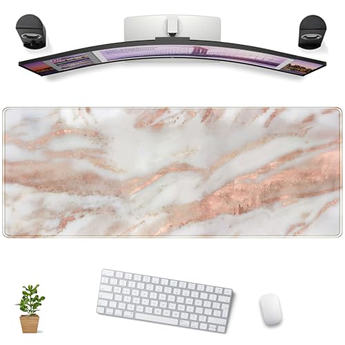 Cute Desk Mat Rose Gold Marble Mouse Pad Gaming XL Large Extended Desk Matt for Desktop Aesthetic Desk Pad, Laptop Keyboard Mouse Mat for Women Office Desk Decor Accessories Deskmat 31.5x11.8 in