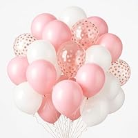 OHugs Pink Balloons - 50 Pcs Set of 30 Pink, 10 White, 10 Pinky and White Confetti Balloons, 2 Ribbon for Bridal Shower, Baby Shower, Birthday Party, Gender Reveal, Wedding Decorations