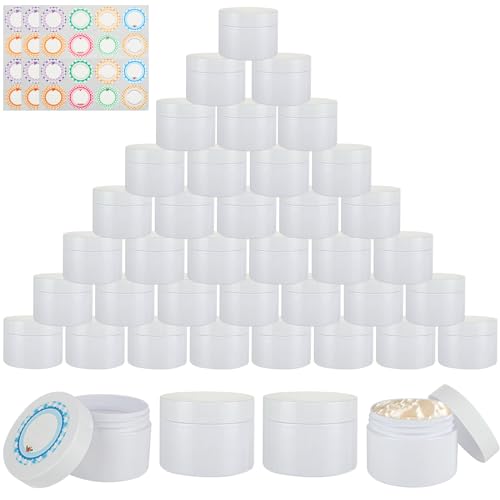 Acrux7 40 Pack 4 oz White Plastic Jars, Small Round Cosmetic Cream Jars with Lids & Labels, Refillable Plastic Cream Container 120 ml Leak Proof Travel Jars for Creams, Lotion, Body Butter, Body Scrub