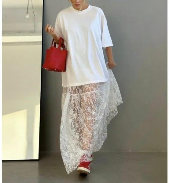 Women's Summer Sheer Lace Maxi Skirt Floral Lace A Line Mesh See Through Flowy Trendy Beach Long Skirts - Image 3