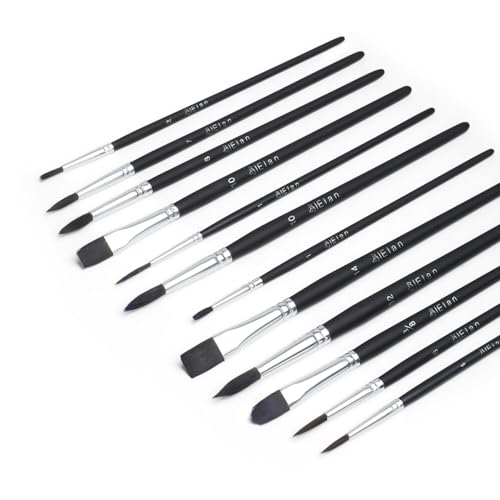 Elan Pinceaux Peinture, Lot de 12 Pinceaux Aquarelle, Poil Synthétique Imitation Martre, Pinceau Aquarelle, Langue de Chat, Plats, Ronds et Liner