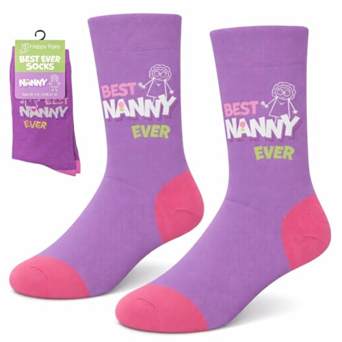 Happy Pairs Nanny Socks Womens Novelty Socks Size 4-8 Birthday Gift Best Nanny Ever Gift from Granddaughter Grandson Stocking Filler Present