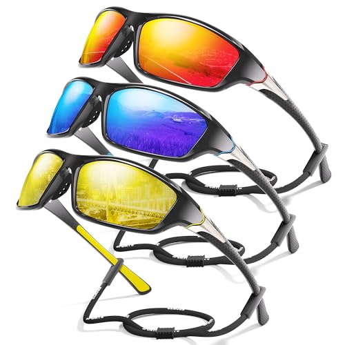 3 Pack Polarized Sports Sunglasses for Men, Mens Sunglasses Wrap Around UV Protection for Cycling Fishing Driving D02-red/Dark Blue/Yellow
