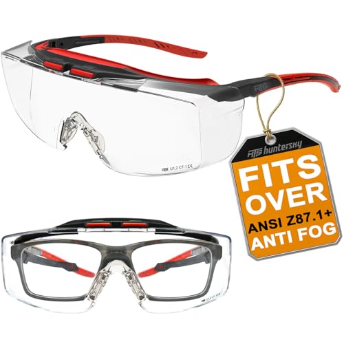 HTS HUNTERSKY 3906 ANSI Z87.1 Anti Fog Lab Safety Glasses Over Eyeglasses Integrated Side Shields, 99.9% UV Protective Goggles For Shooting Hunting DIY
