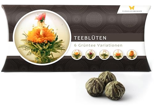6 Teeblumen Geschenk-Box - Grüntee Variationen, Originelle Idee zum Geburtstag, Muttertag, Weihnachten, tolles Geschenk nicht nur für Frauen und Teeliebhaber, Teeblüten, Erblühtee