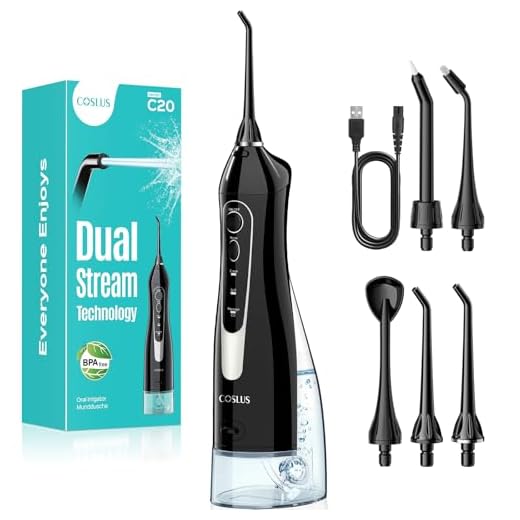 COSLUS Irrigador Bucal Portatil Flosser: 300ML Irrigador Dental Inalámbrico de Riego para Limpieza Dental Doble chorro de agua IPX7 Impermeable Limpieza Diente Para el Hogar baño y los Viajes Negro